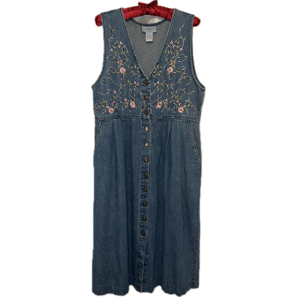 Jane Ashley Denim Jumper Embroidered w/ beading button up V-neck vintage sz PM
